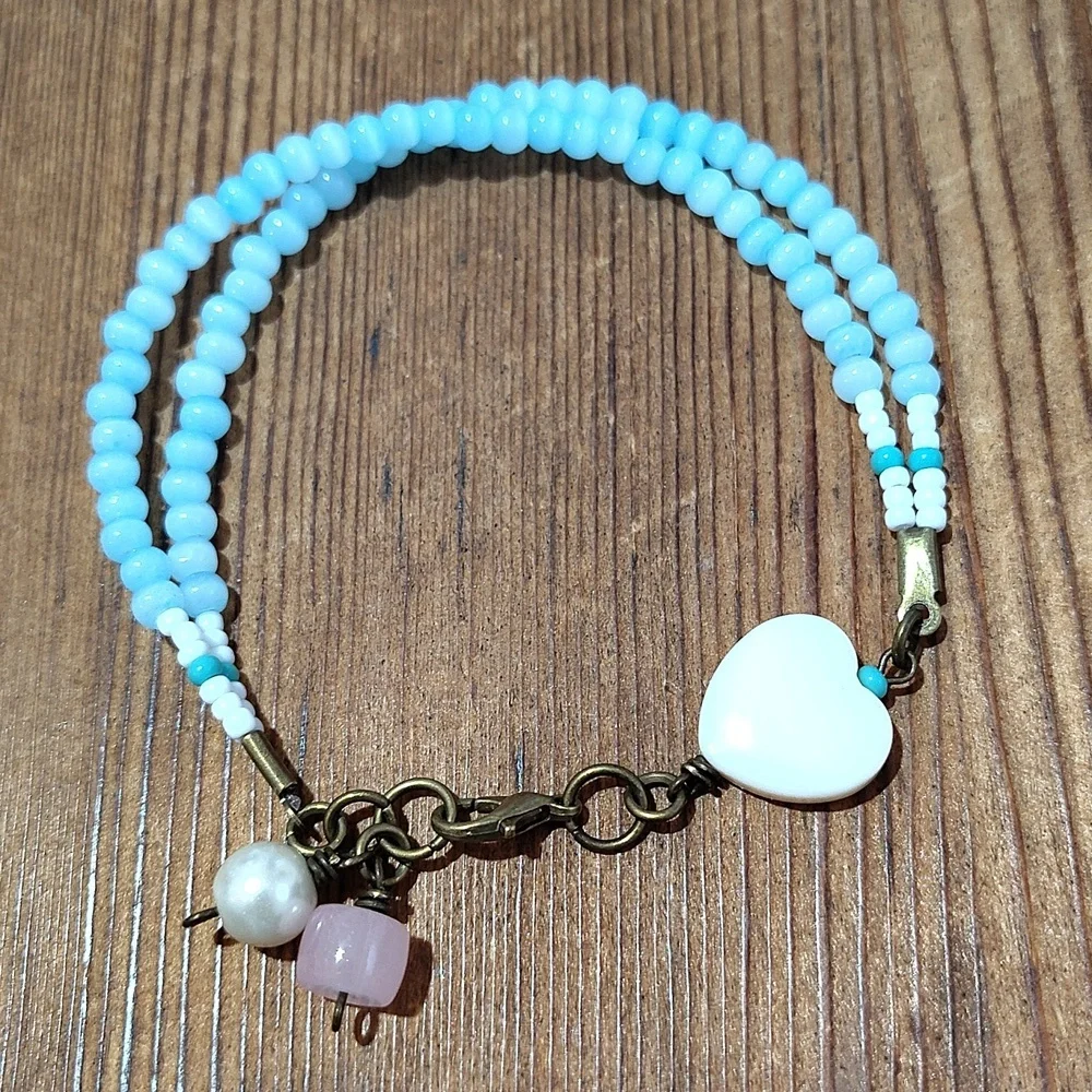 Ladies Double Strand Beaded Bracelet, Baby Blue Bracelet/Handmade Bracelet - Picture 3 of 7